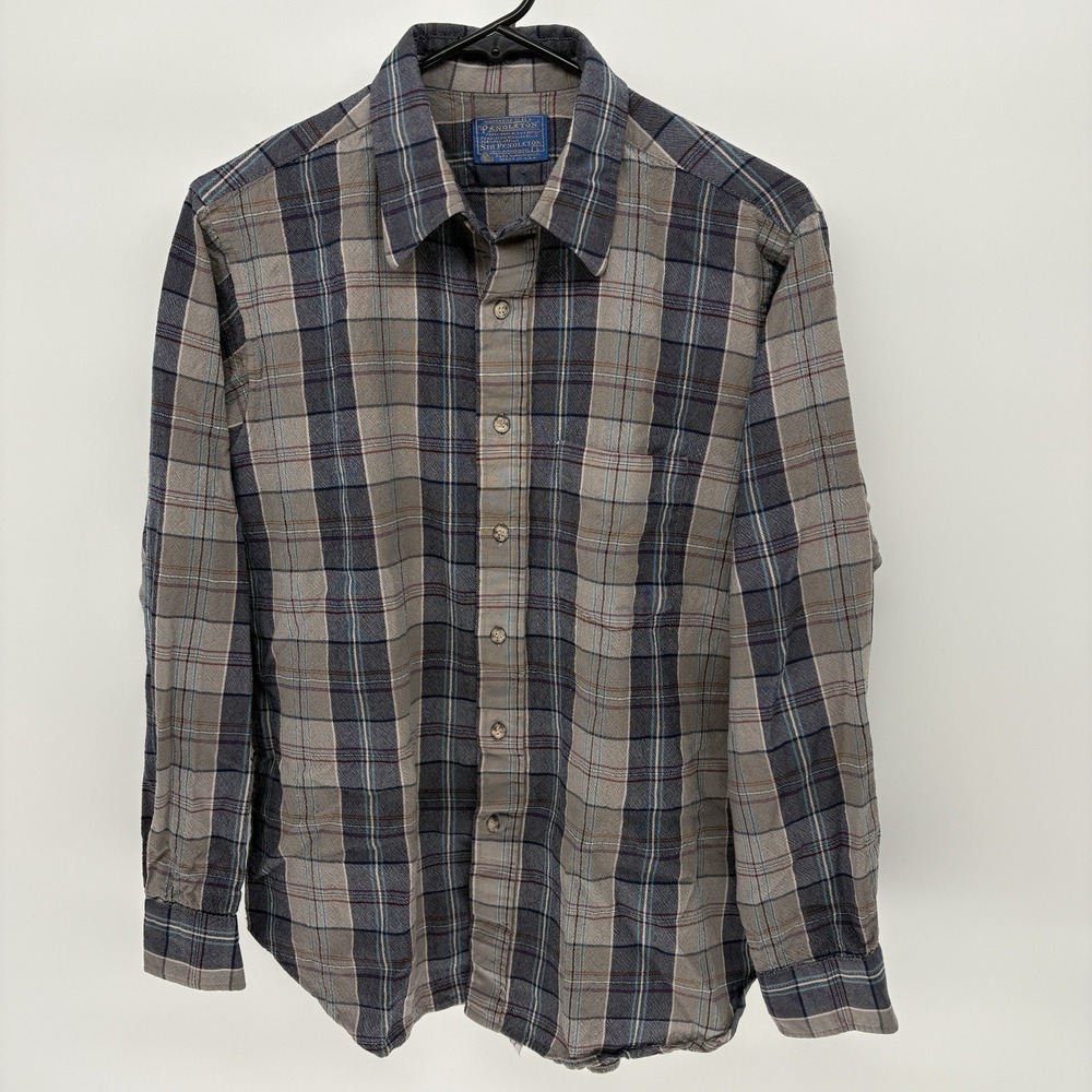 Vintage 60s Pendleton Plaid Wool Shirt Loop Collar Retro Western USA Men L